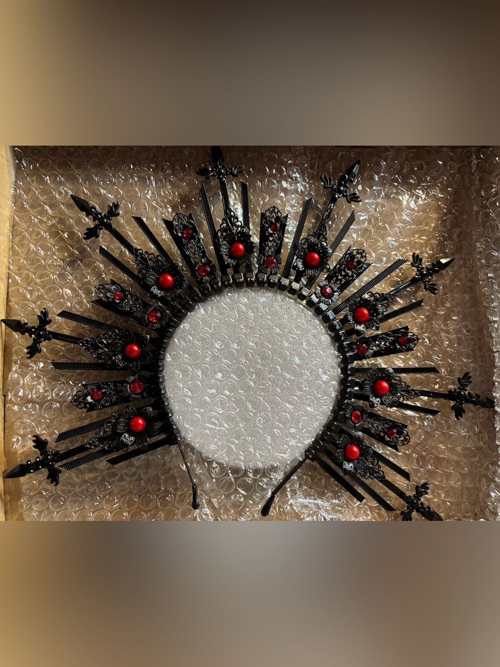 Ornate Black Metal Halo, Crown, Headpiece with Crosses and Red Accents